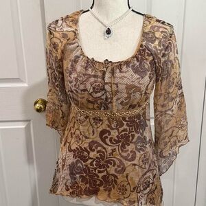 Pre-loved | S Cato Brown and tan floral mesh blouse with beaded trim tie front.
